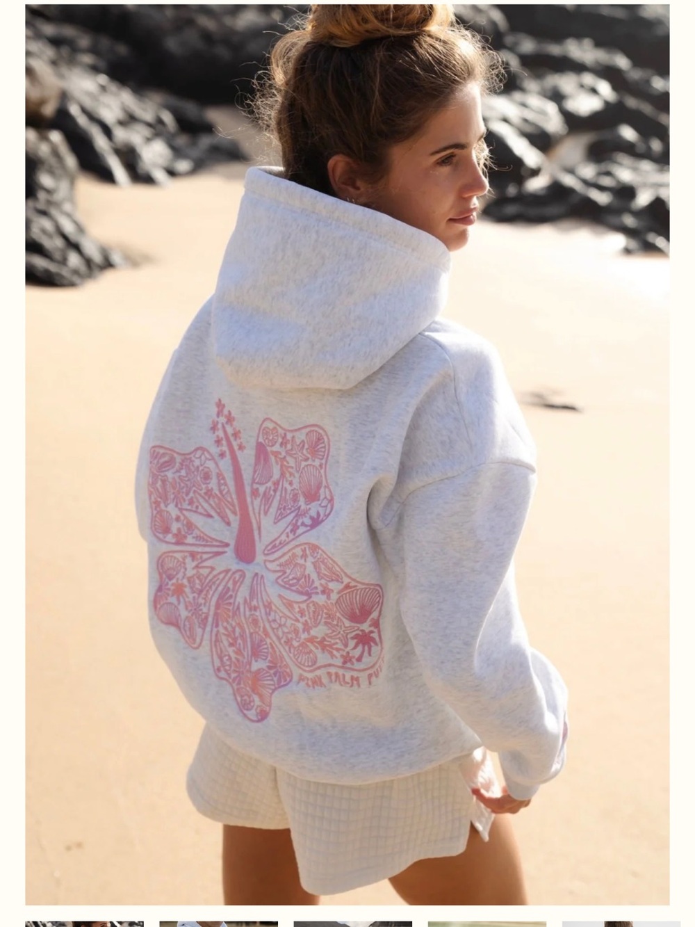 PINK PALM PUFF "Hawaii Hibiscus" Hoodie in Heather Cloud